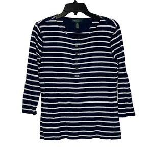 LRL Lauren Jeans‎ Co. Striped Henley Top Women Medium 3/4 Sleeve Front Button